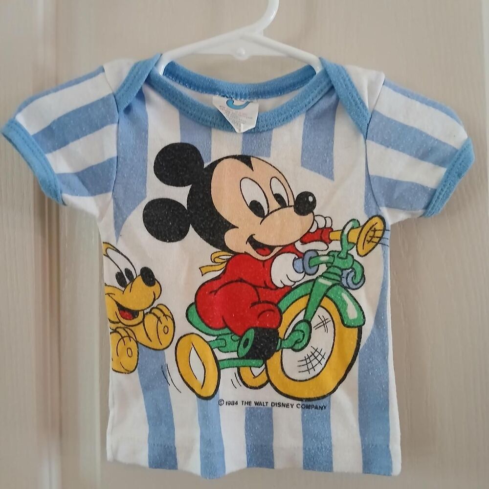 Vintage 1984 Disney Babies Mickey Mouse Bike & Pluto Striped Baby T-Shirt 0-6 M